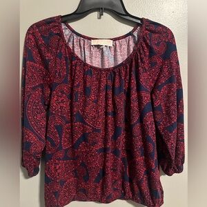 Michael Kors Women's Red & Blue Paisley Boatneck 3/4 pullover Blouse